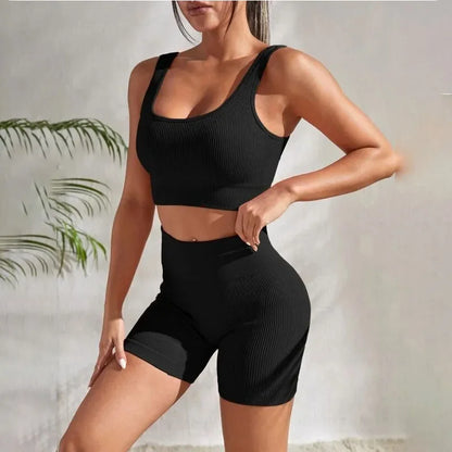 Women's 2-Piece Ribbed Seamless Breathable Sports Strap Vest High-Waisted Shorts Tracksuit