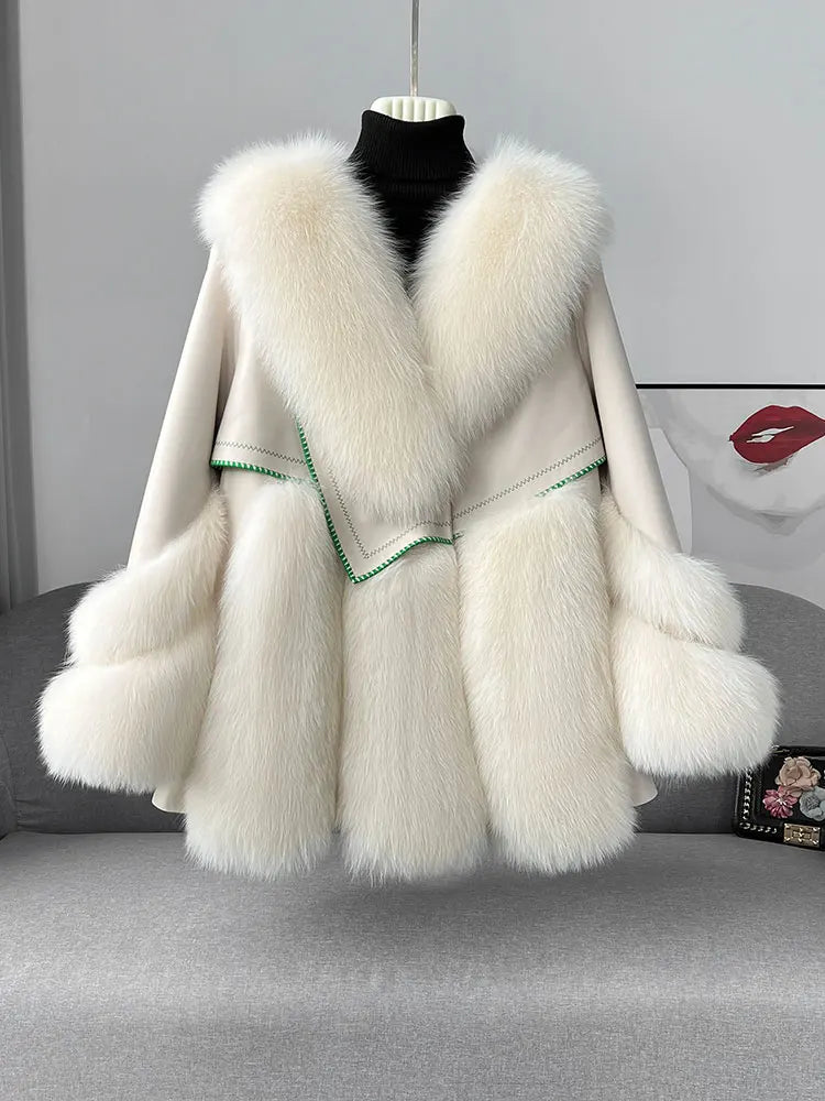 2023 Women  Natural Fox Fur Coat Design Jacket Winter Warm Duck Down Lining Genuine Leather Coat