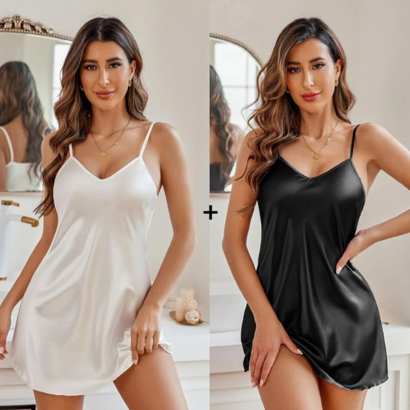 Sexy Satin V-Neck Halter Babydolls Plus Size Lingerie Women Silky Sleepwear Wedding Bride Mini Dress Mini Slip Chemise Nightwear