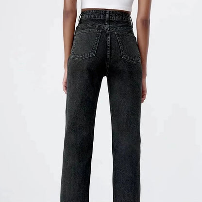 Black Reworked Straight Jeans Women High Rise Solid Color Ankle Length Denim Pants Streetwear Fashion Cowboys Trousers