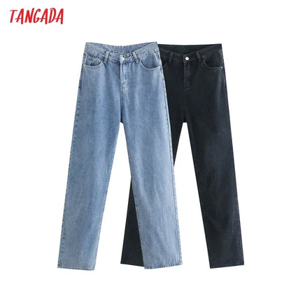 Tangada 2021 Fashion Women Loose Blue Wide Leg Jeans Pants Long Trousers Pockets Buttons Female Pants JE164