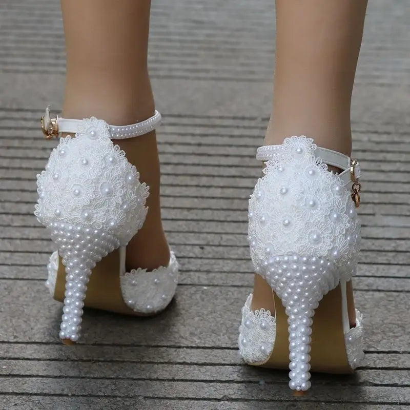 HOT sale fashion Women Shoes Pumps Buckle Strap Lace Round Toe Thin Heels 9.5CM sexy Party prom wedding shoes