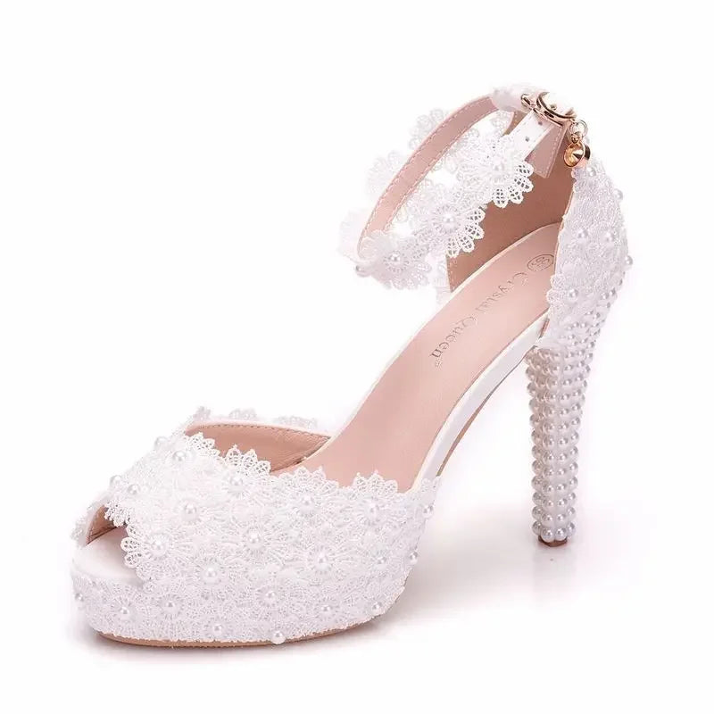 Hot Selling Women Shoes Pumps Dress Breathable Hollow Lace Buckle Strap Peep Toe Thin Heels11CM High Heels Shoes Women's Wedding