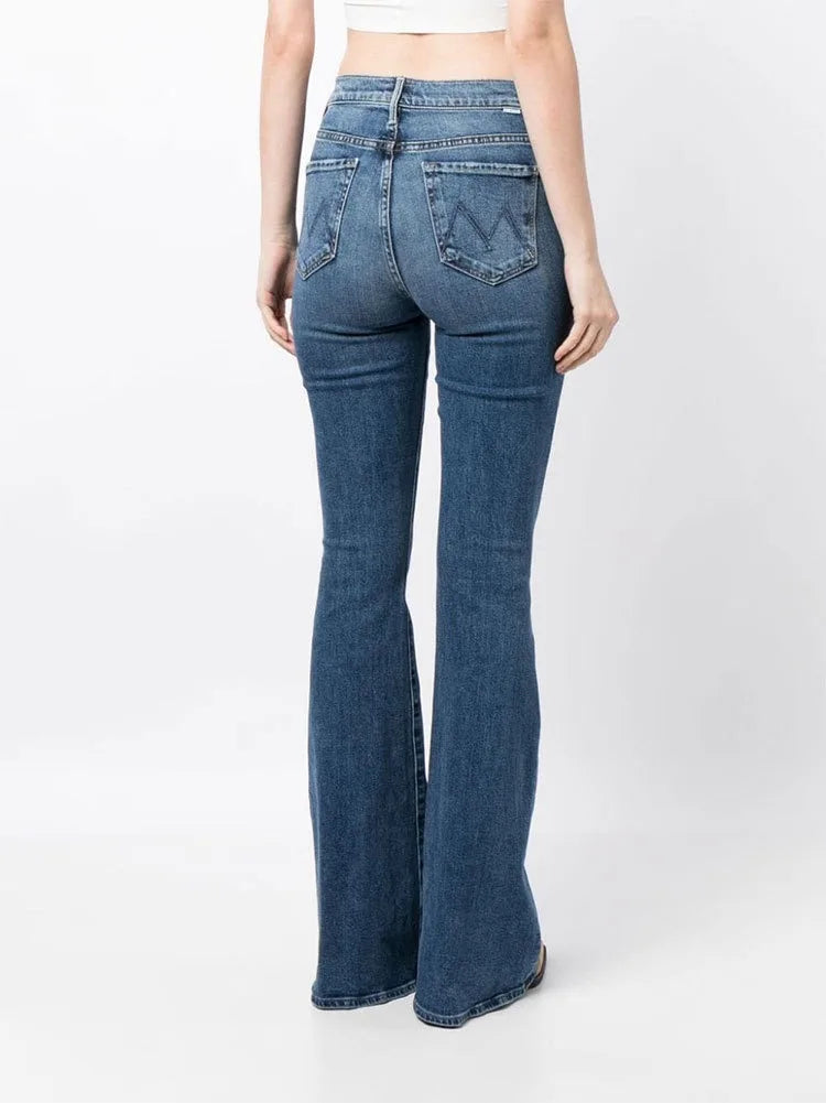 Women Blue Flared Jeans High Waisted Slim Versatile Elastic Long Denim Pants