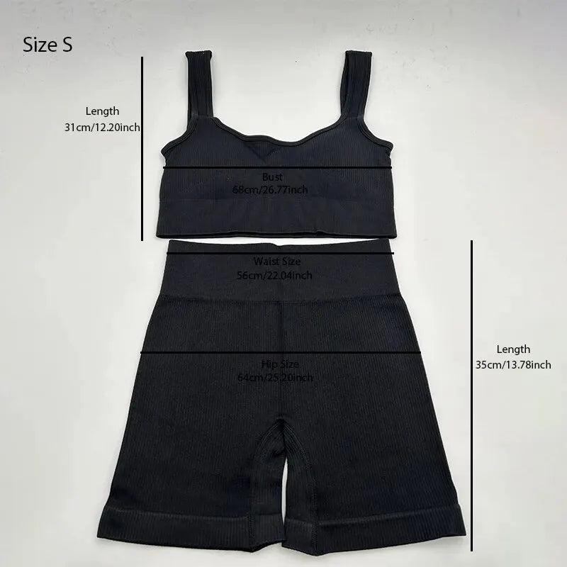 Women's 2-Piece Ribbed Seamless Breathable Sports Strap Vest High-Waisted Shorts Tracksuit