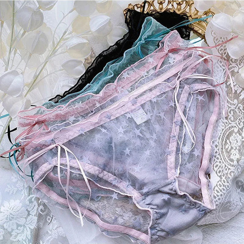 Japanese Ladies Sexy Transparent Mesh Bow Panties Hot Girl Ultra-thin Ruffles Female Underwear Star Print