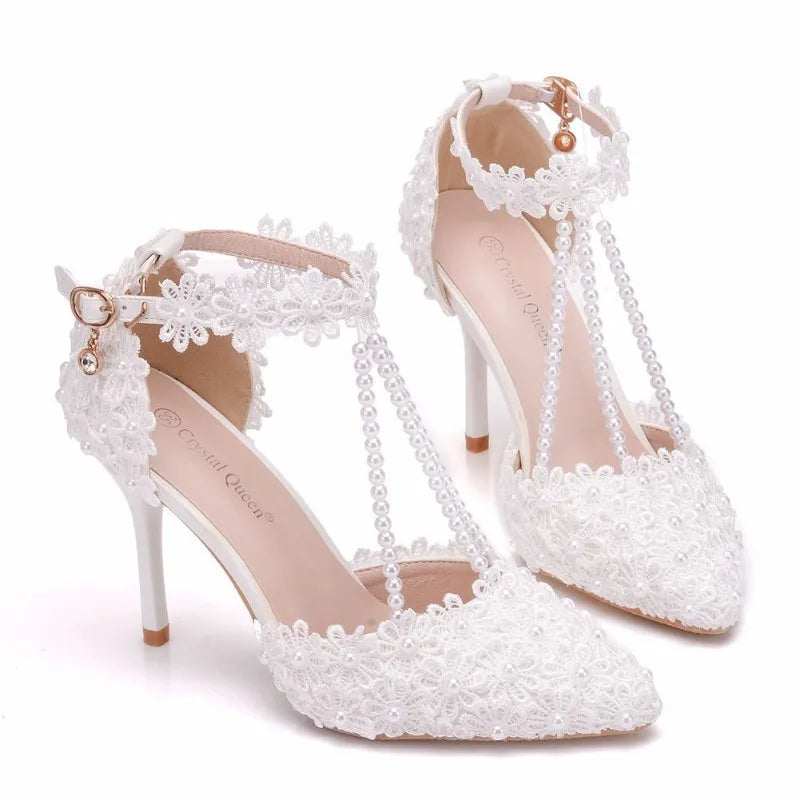 Sandals Women 2023 Office Career Pointed Toe String Bead Buckle Strap PU 9CM Thin Heels Lace Lady Wedding Heels For Women White