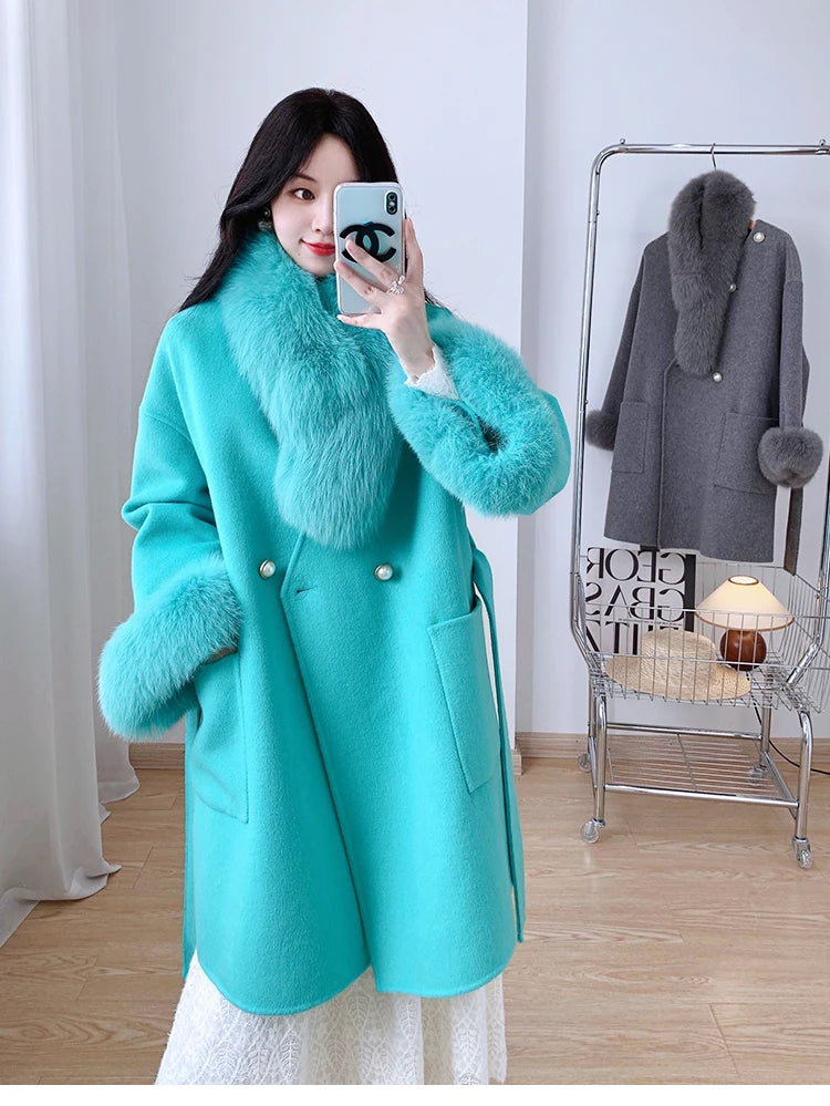 Winter Women Jacket 2023 New Wool Blends Natural Fox Fur Collar Sleeve Hair Cashmere  Real Fur Coat Warm Luxury Outerwear