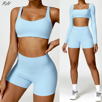 Yoga Set Women Gym Long Sleeve 2PCS Nudity Sportswear Workout Clothes Athletic Wear Shorts Fitness Bra Crop Top Sports Suits New