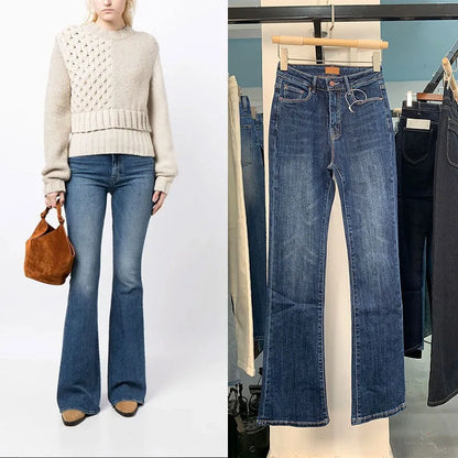 Women Blue Flared Jeans High Waisted Slim Versatile Elastic Long Denim Pants