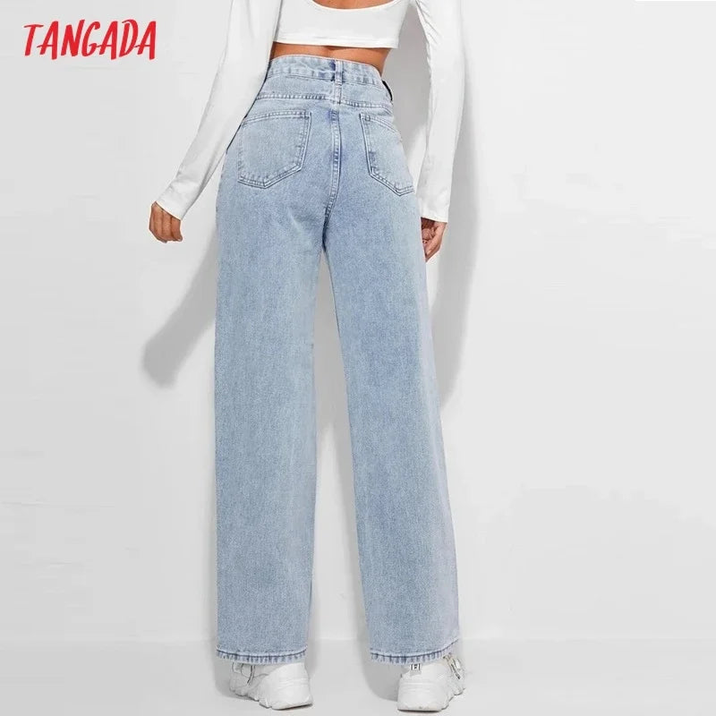 Tangada 2021 Fashion Women Loose Blue Wide Leg Jeans Pants Long Trousers Pockets Buttons Female Pants JE164