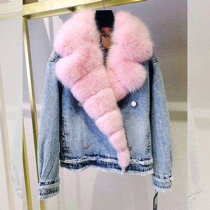 2023 Women New Genuine Fox Fur Coat Suit Collar Denim Jacket H2