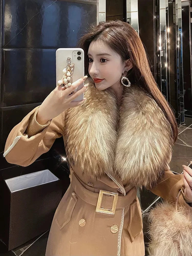 Woolen Coat Women's 2022 Autumn And Winter Korean Version Of The Raccoon Fur Collar long Slim Ladies Winter Woolen Camel Coat