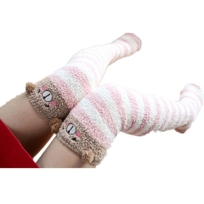 Japanese Mori Girl Animal Modeling Knee Socks Striped Cute Lovely Kawaii Cozy Long Thigh High Socks Compression Winter Warm Sock