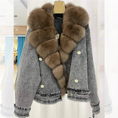 2023 Women New Genuine Fox Fur Coat Suit Collar Denim Jacket H2