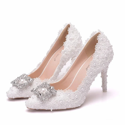 Autumn Women Lace White Wedding Pumps Bride Fashion Sweet Square High Heels New Party Dance Bridal Shoes Woman Big Size