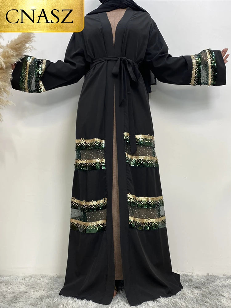 Hot Seller Muslim Fashion Sequins Stitching Dubai Tunic Robe Islamic Turkey Kimono Middle East Moroccan Abaya Elegant Clothing