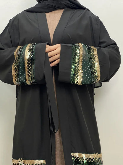 Hot Seller Muslim Fashion Sequins Stitching Dubai Tunic Robe Islamic Turkey Kimono Middle East Moroccan Abaya Elegant Clothing