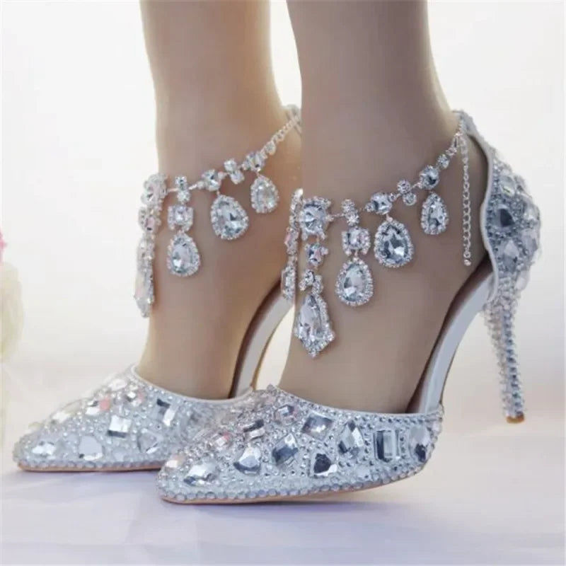 Hot Selling Women Shoes Pumps Dress Rhinestone Breathable Hollow Pointed Toe Thin Heels 9.5CM Women's Wedding High Heels Shoes