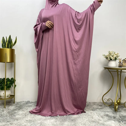 Middle East Muslim Women's Islamic Dress Robe Loose Bat Sleeve Dress Pure Colour With Small Bag Elegant temperament