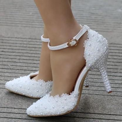 HOT sale fashion Women Shoes Pumps Buckle Strap Lace Round Toe Thin Heels 9.5CM sexy Party prom wedding shoes