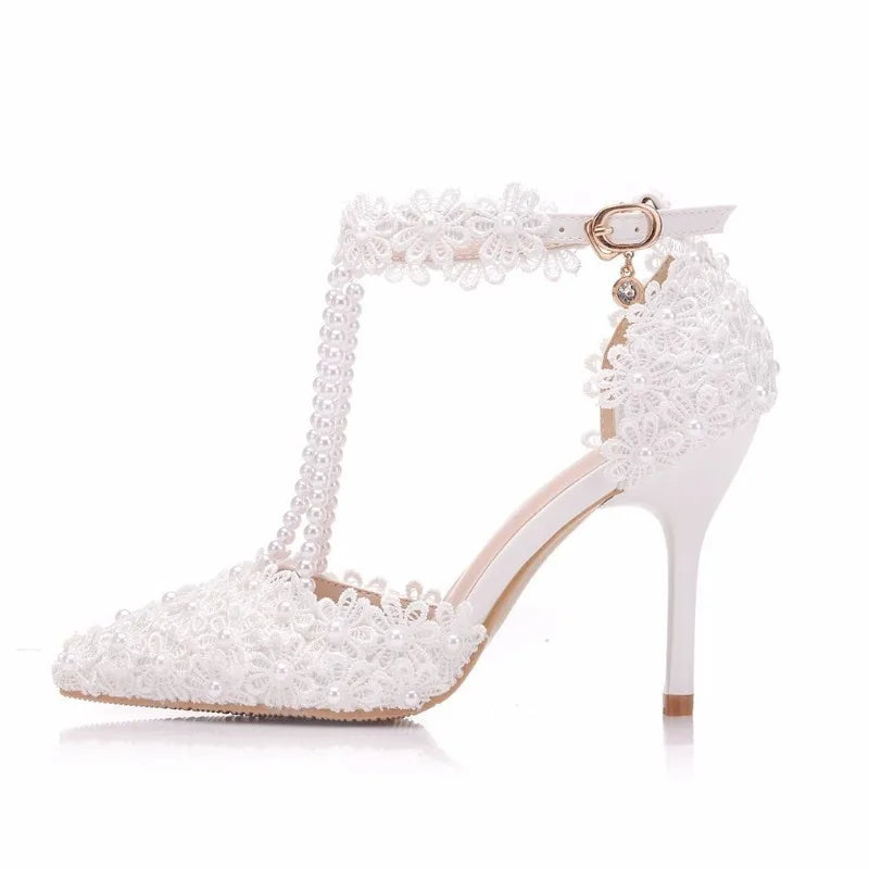 Sandals Women 2023 Office Career Pointed Toe String Bead Buckle Strap PU 9CM Thin Heels Lace Lady Wedding Heels For Women White