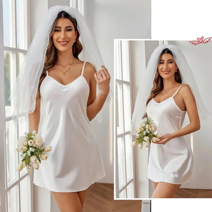 Sexy Satin V-Neck Halter Babydolls Plus Size Lingerie Women Silky Sleepwear Wedding Bride Mini Dress Mini Slip Chemise Nightwear