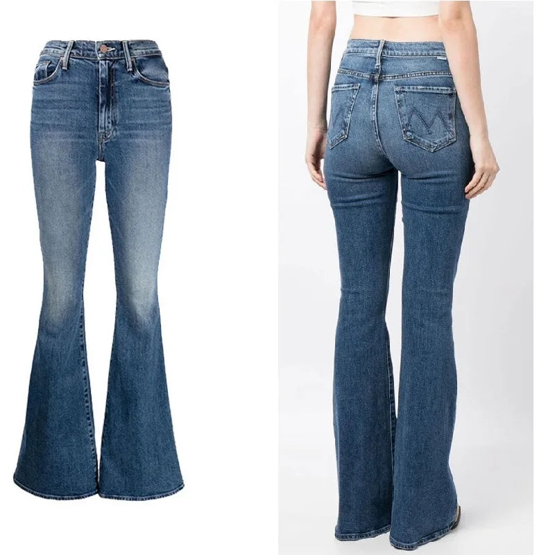 Women Blue Flared Jeans High Waisted Slim Versatile Elastic Long Denim Pants