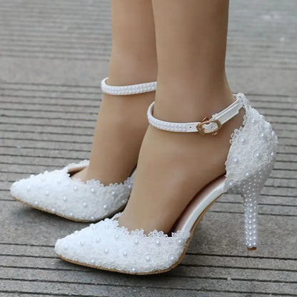 HOT sale fashion Women Shoes Pumps Buckle Strap Lace Round Toe Thin Heels 9.5CM sexy Party prom wedding shoes