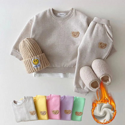 Korean Baby Boys Winter Clothes Sets Warm Bear Velvet Pullover Sweatshirt Tops+Harem Pants Suits 2pcs Girls Fleece Lined Clothes