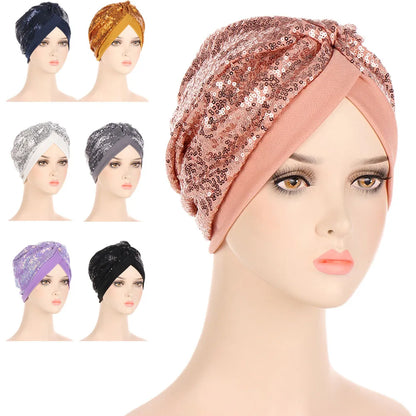 Fashion Glitter Sequins Women Muslim Hijab Hair Loss Chemo Cap Indian Pleated Turban Bonnet Arab Hat Headwear Wrap Scarf Cover