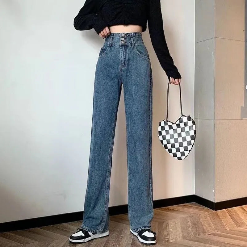 S-5XL High Waisted Jeans Women Simple Baggy Design Fashion Korean Style Vintage College Daily Trousers All-match Wide Leg Spring