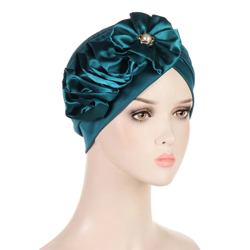 KepaHoo Women Turban Cotton Top Knot Flower Decor Headwrap Muslim Ladies Hair Cover Beanie Islamic Scarf Turban Caps Indian Cap