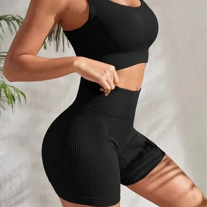 Women's 2-Piece Ribbed Seamless Breathable Sports Strap Vest High-Waisted Shorts Tracksuit