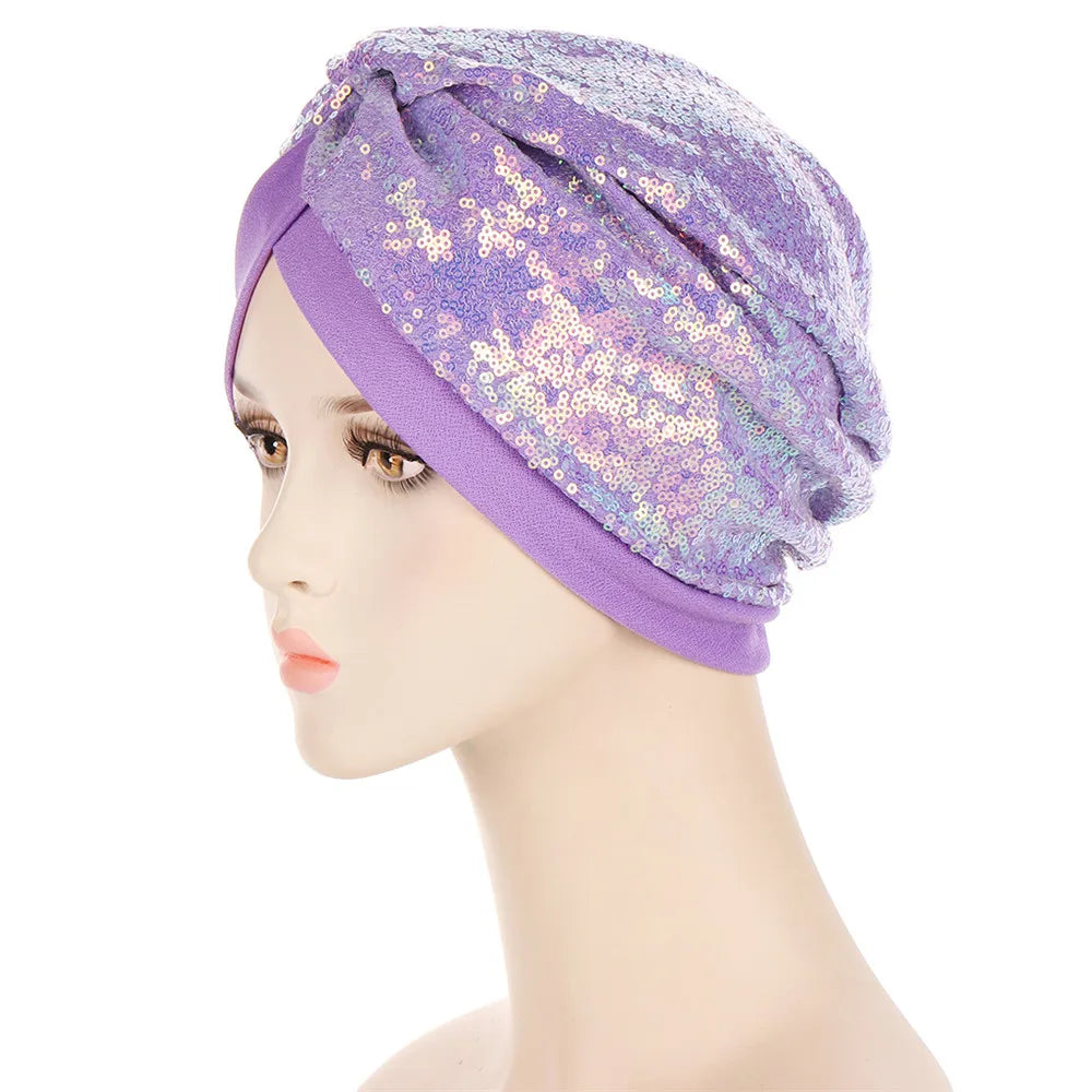 Fashion Glitter Sequins Women Muslim Hijab Hair Loss Chemo Cap Indian Pleated Turban Bonnet Arab Hat Headwear Wrap Scarf Cover