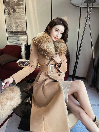 Woolen Coat Women's 2022 Autumn And Winter Korean Version Of The Raccoon Fur Collar long Slim Ladies Winter Woolen Camel Coat