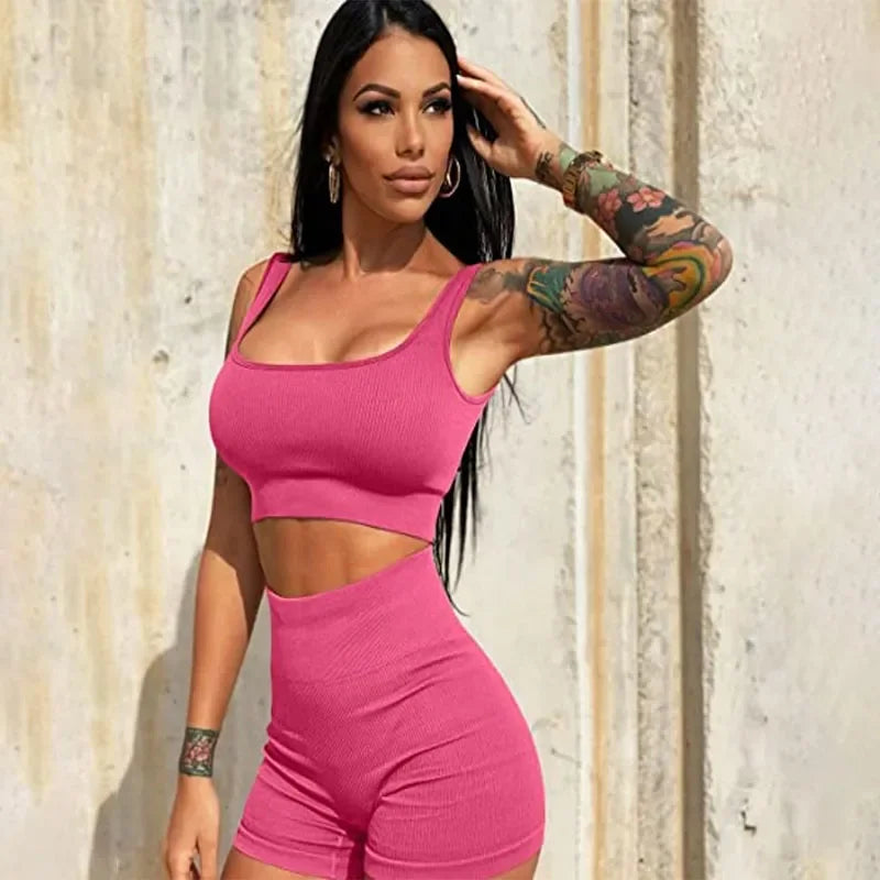 Women's 2-Piece Ribbed Seamless Breathable Sports Strap Vest High-Waisted Shorts Tracksuit