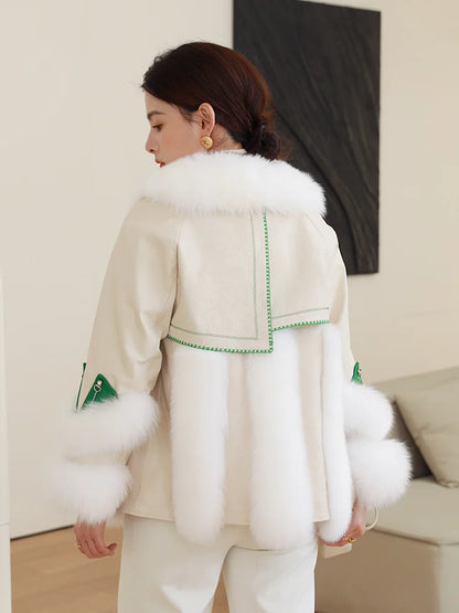 2023 Women  Natural Fox Fur Coat Design Jacket Winter Warm Duck Down Lining Genuine Leather Coat