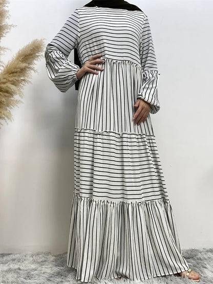 Middle East Muslim fashion new women's loose dress Turkey Dubai printed striped large swing robes Islamic women elegant maxi dre