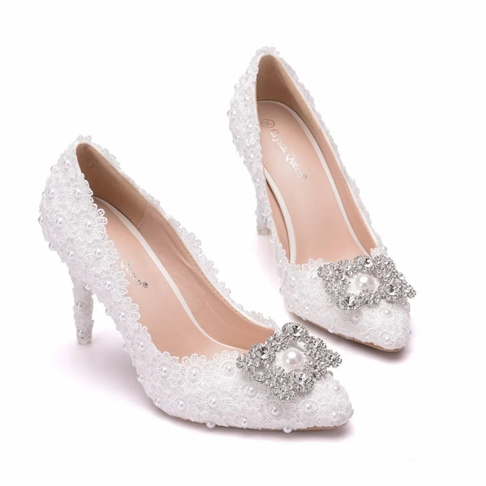 Autumn Women Lace White Wedding Pumps Bride Fashion Sweet Square High Heels New Party Dance Bridal Shoes Woman Big Size