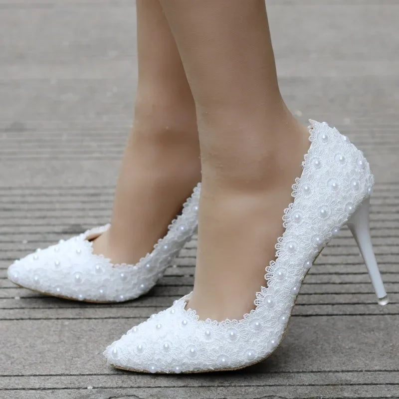 Pearl Lace Woman Pumps Fashion Wedding Shoes Women Basic Pump Stiletto Heels 9.5CM Heeled Shoes High Heels