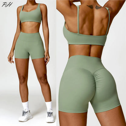 Yoga Set Women Gym Long Sleeve 2PCS Nudity Sportswear Workout Clothes Athletic Wear Shorts Fitness Bra Crop Top Sports Suits New