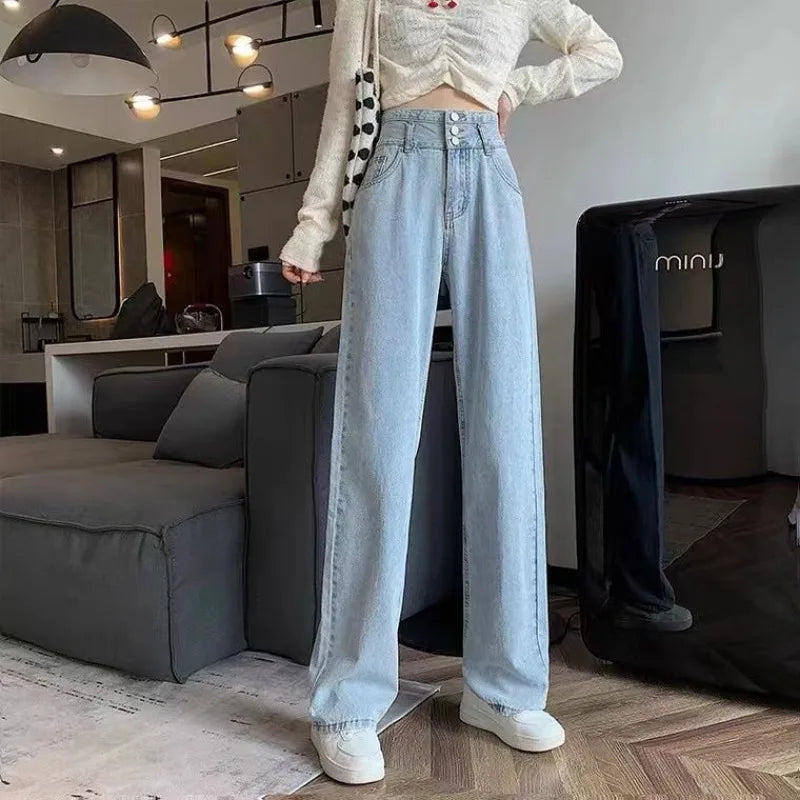 S-5XL High Waisted Jeans Women Simple Baggy Design Fashion Korean Style Vintage College Daily Trousers All-match Wide Leg Spring