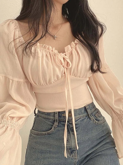 Women Chiffon Blouse Summer Shirt Square Collar Folds Lace Up Waist Tops Korean Fashion Flare Sleeve Elegant Blouses Femme