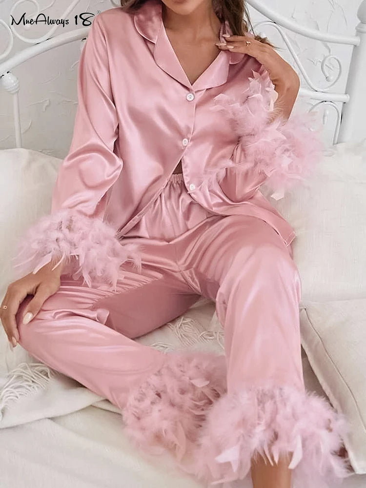 Mnealways18 Feather Long Sleeve Women Home Suit Shirt And Pants Suit White Satin 2 Piece Set Female Button Sleep Two Piece Suits