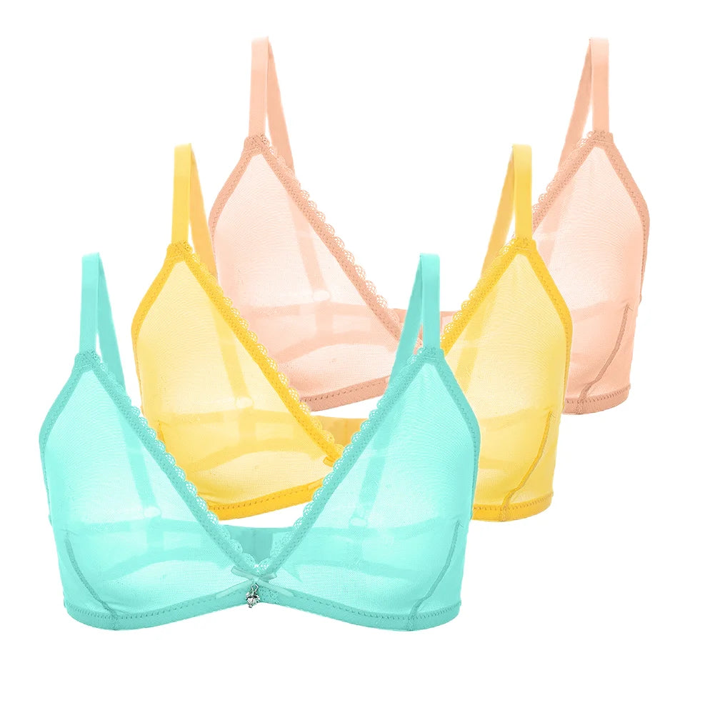 Varsbaby Sexy French Ultra-Thin Mesh Lingerie Lemon Yellow Mint Green Underwear Summer Breathable Bra Combination 3 PCS /Lot