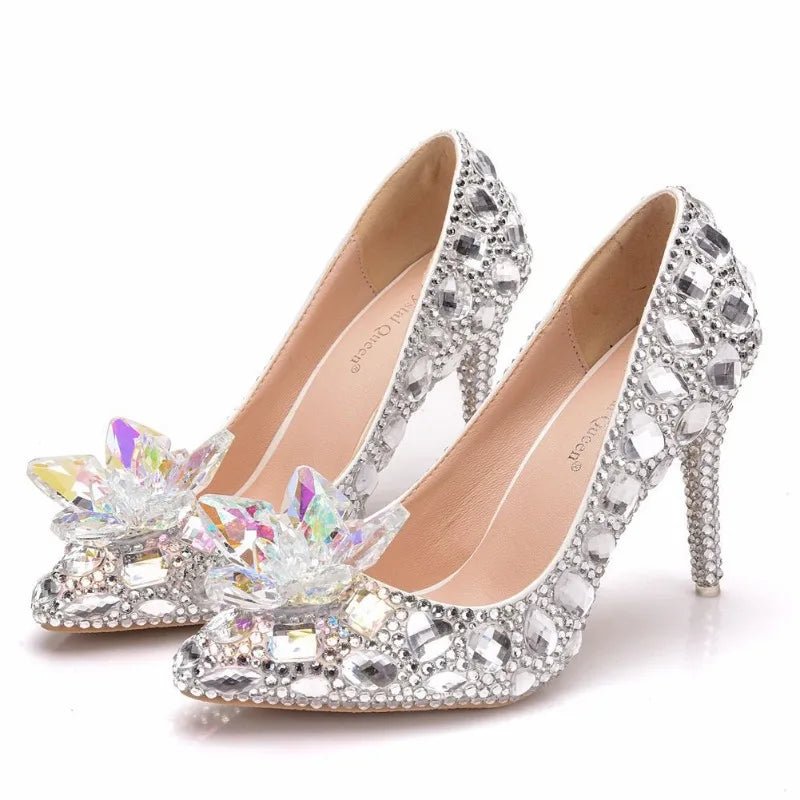 Woman Pumps Brand Design Lady Pointed Toe Rhinestone Slip-On PU 9CM Thin Heels Party Prom Korean Style Women Shoes Silvery