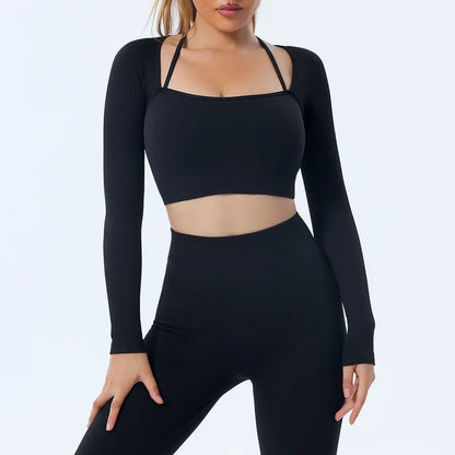 seamless Solid Color ribbed hanging neck quick dry Gym Women Fitness Long Sleeve Yoga Shirt Sport Top Comprehensive Training jog