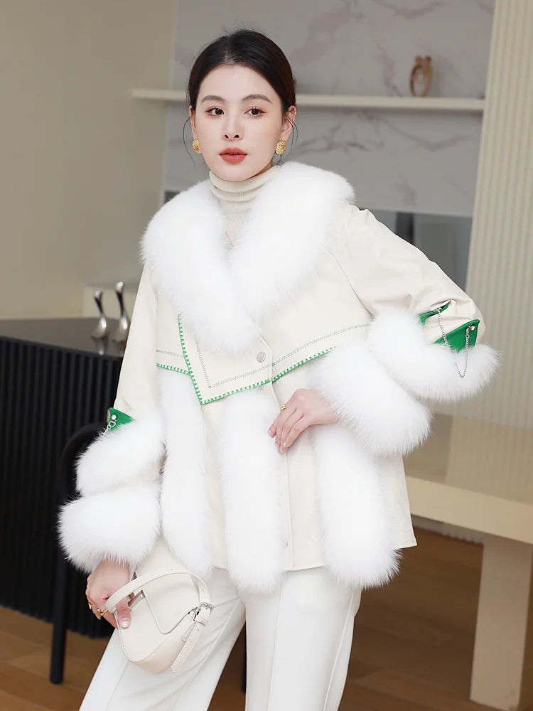 2023 Women  Natural Fox Fur Coat Design Jacket Winter Warm Duck Down Lining Genuine Leather Coat