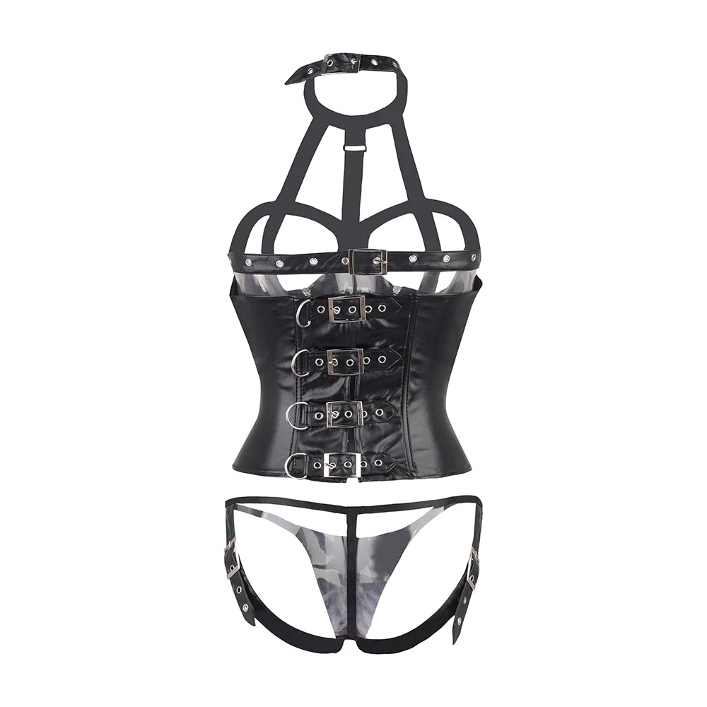 Fetish Women's Fashion PU Leather Halter Shoulder Straps Underbust Corset Top